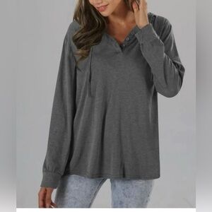 PINDORA Gray Women's Long Sleeve Top Sweatshirts Hoodie Three Button Loos Fit S